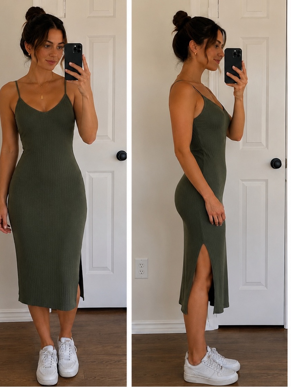 Say What Olive Green Ribbed Knit Midi Dress Large Spaghetti‎ Strap Stretch